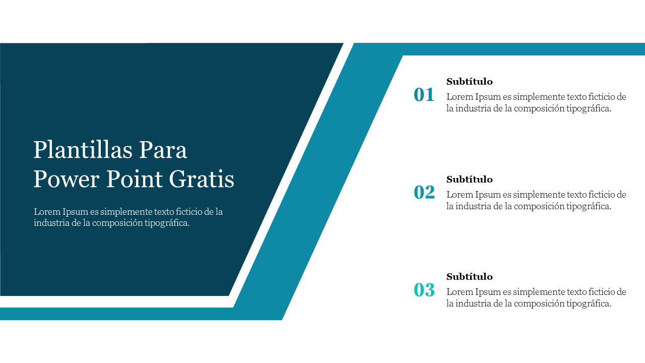 Spanish slide with numbered subtitles, description area and a title text on a teal and white geometric background.