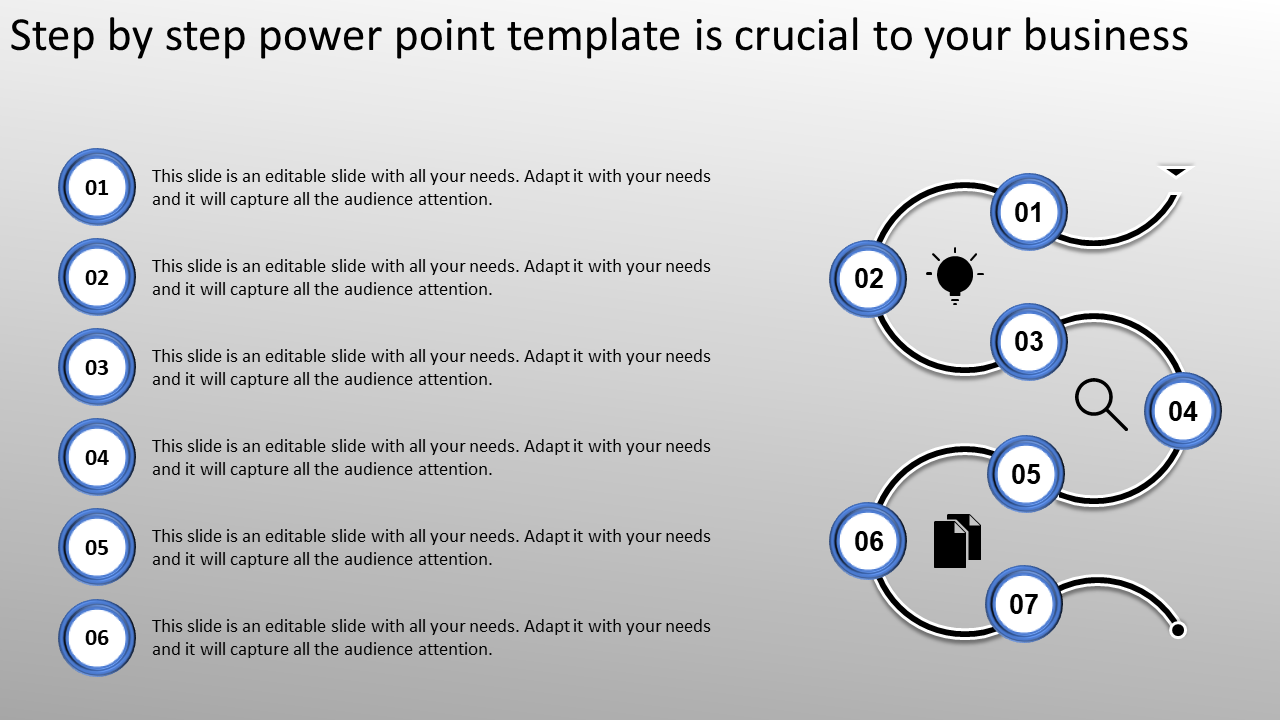 Seven step business process infographic with blue-numbered circles and icons, connected by a winding path.