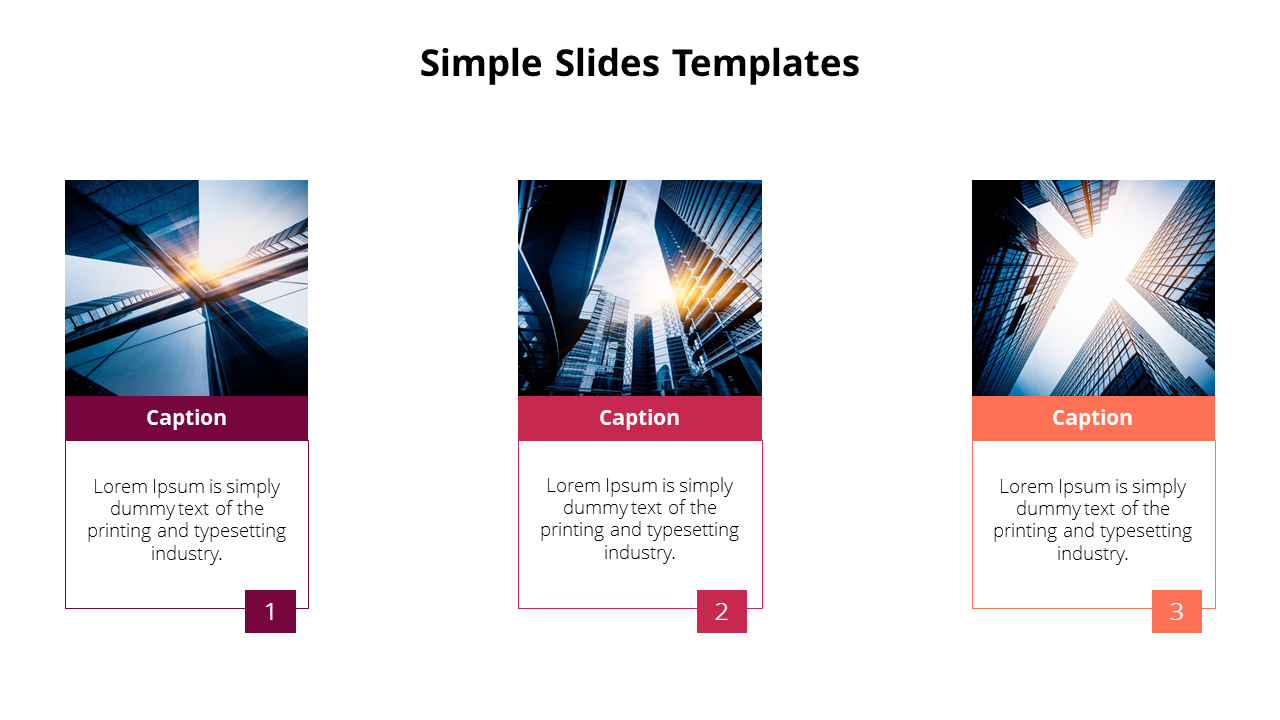 Slide with three panels showcasing architectural photos and caption areas below in a simple minimalistic design.