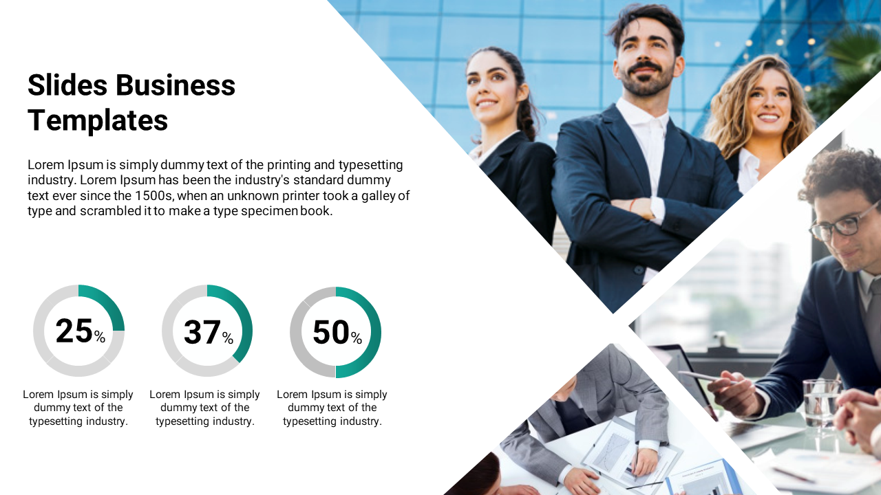 PowerPoint template showing business professionals with green coded pie charts and percentage data with text area.