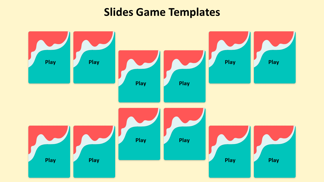 Visual layout slide showcasing a memory card game template with multiple cards displaying play options.