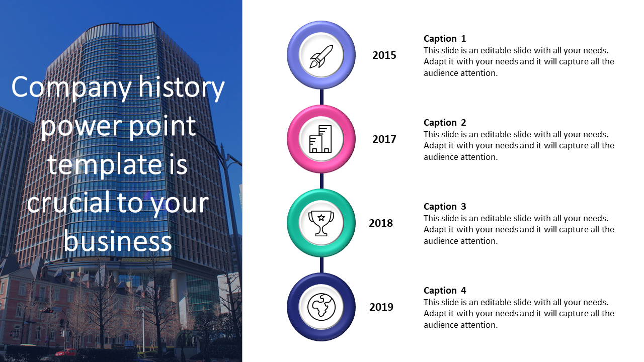 Left aligned building image and vertical timeline featuring icons in colored circular frames from 2015 to 2019, with text.