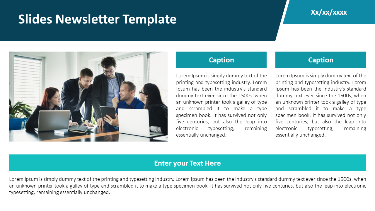 Newsletter design showcasing a collaborative work environment, including spaces for detailed captions and text input.