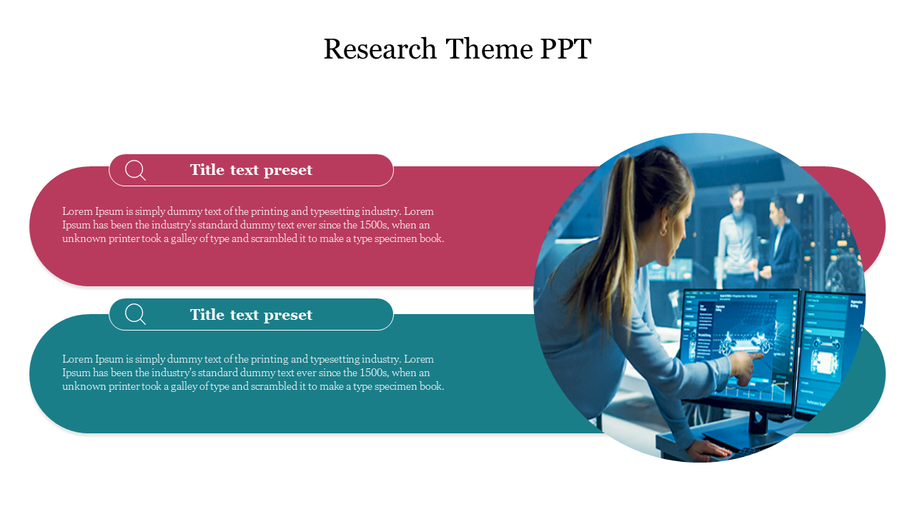 Research theme slide with two colored title blocks and a woman interacting with data analysis on a computer screen.