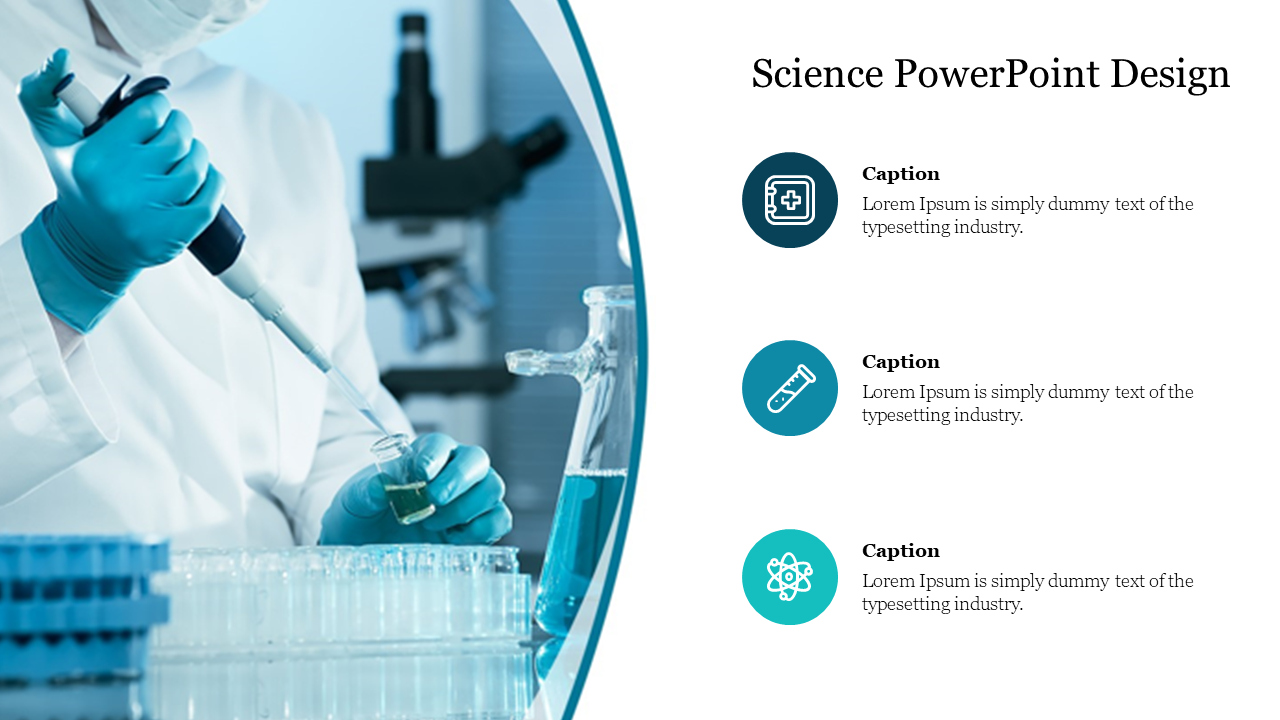 Scientific presentation slide showing a lab technician with test tubes, alongside icons and placeholder text.