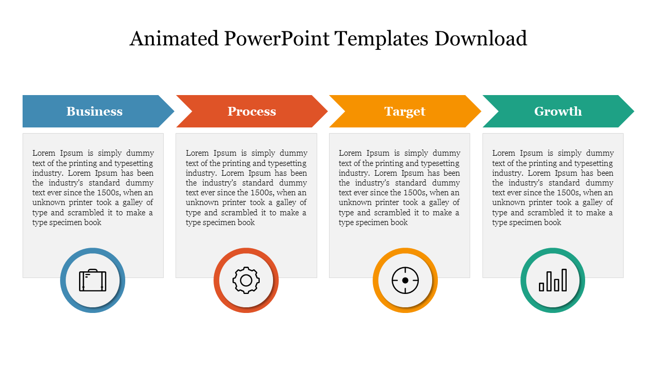 Four section animated slide with business, process, target, and growth topics, each featuring icons and text placeholders.