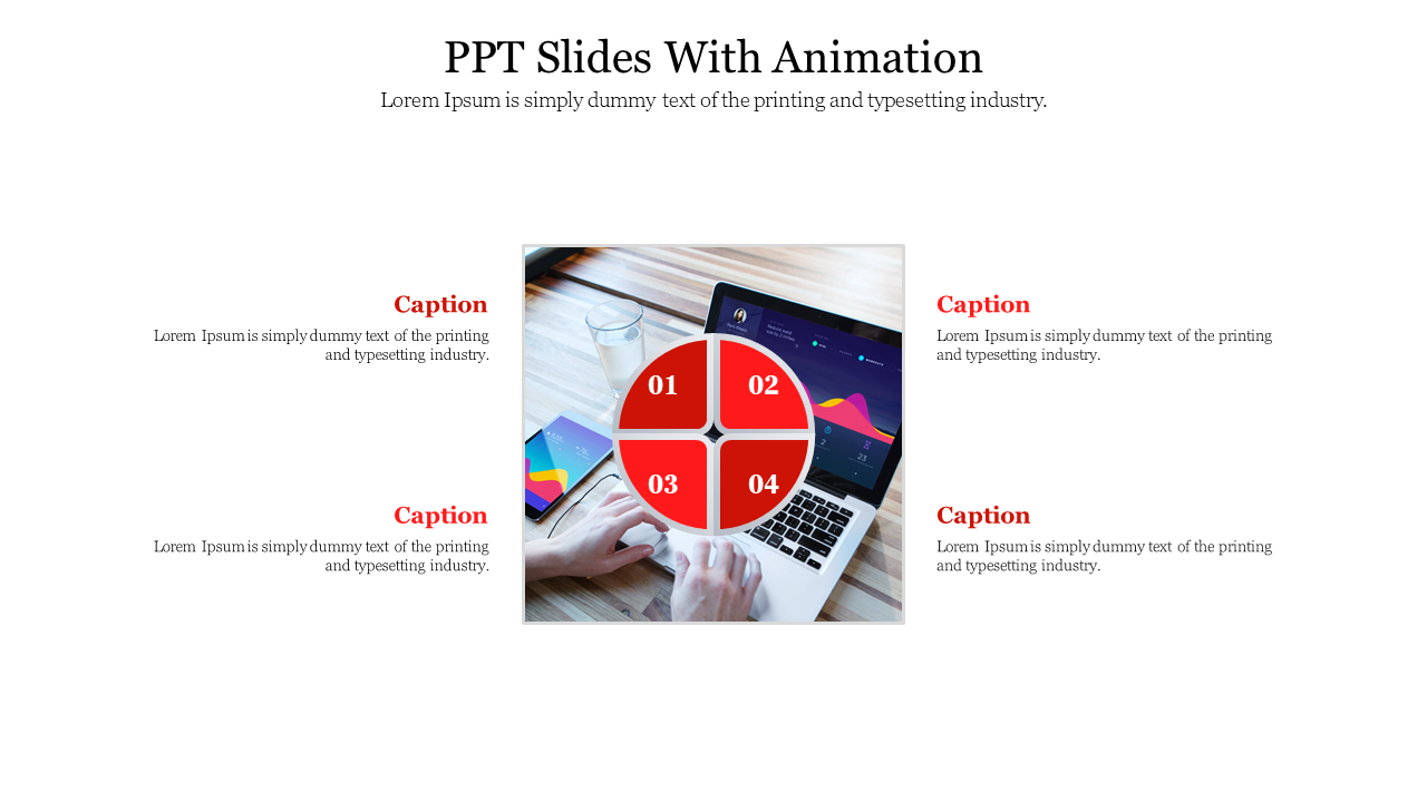 Circular four-part animation infographic with numbered sections placed over a laptop image, surrounded by caption areas.