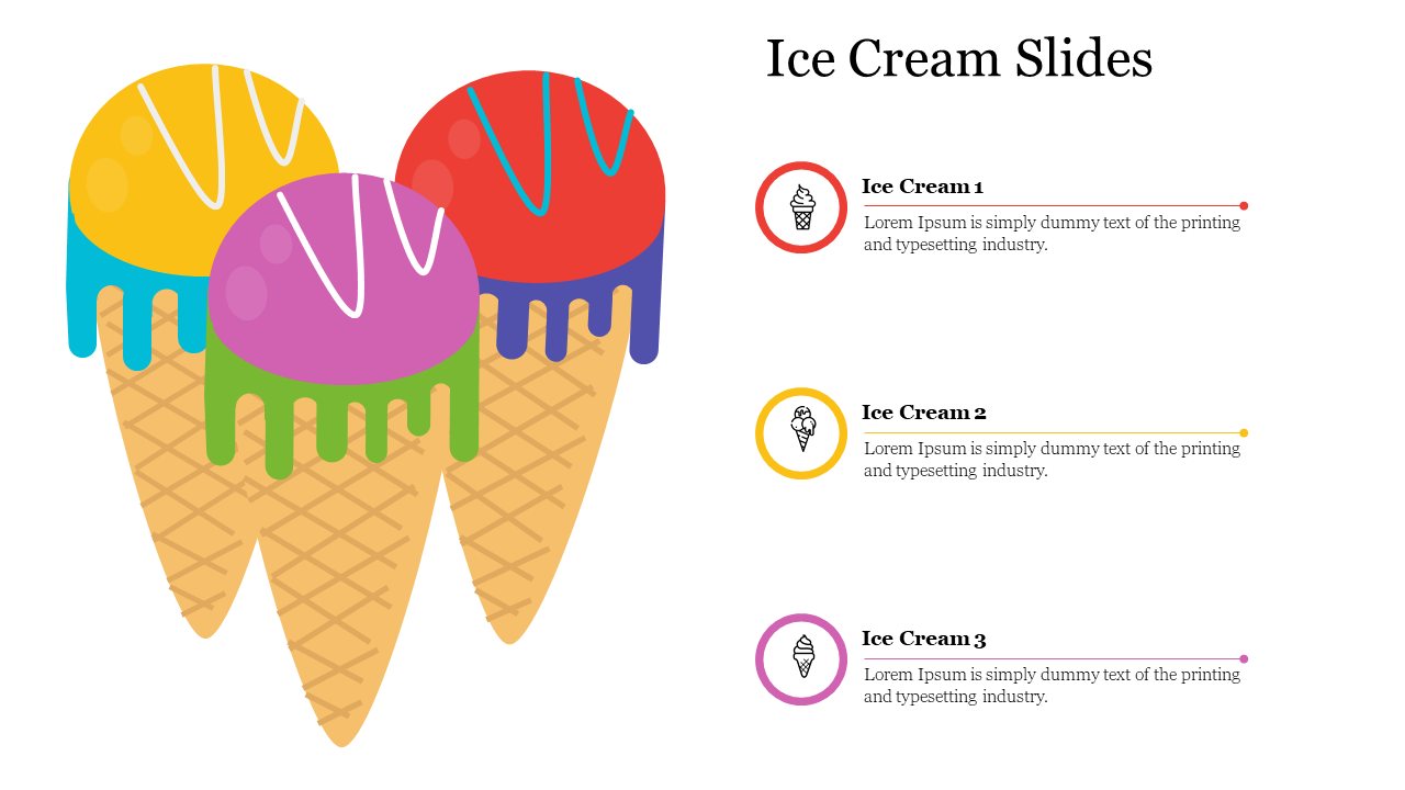 Three colorful ice cream cones with icons for descriptions on the right in red, yellow, and pink.