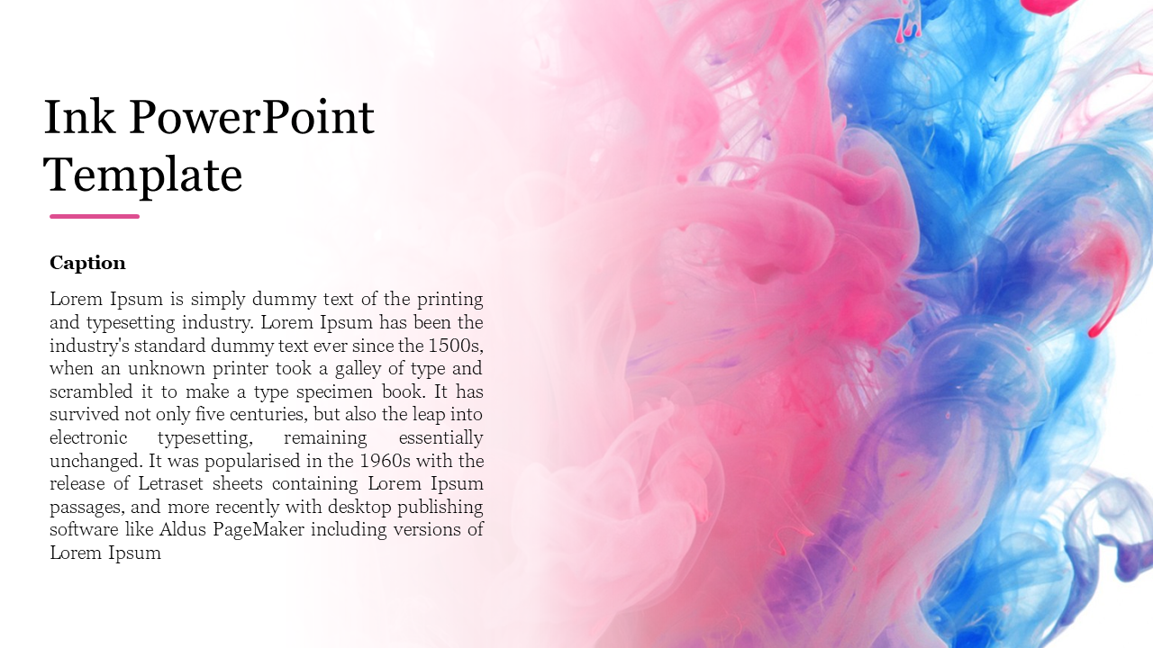 Ink PowerPoint template with pink and blue ink swirls blending as a creative background.