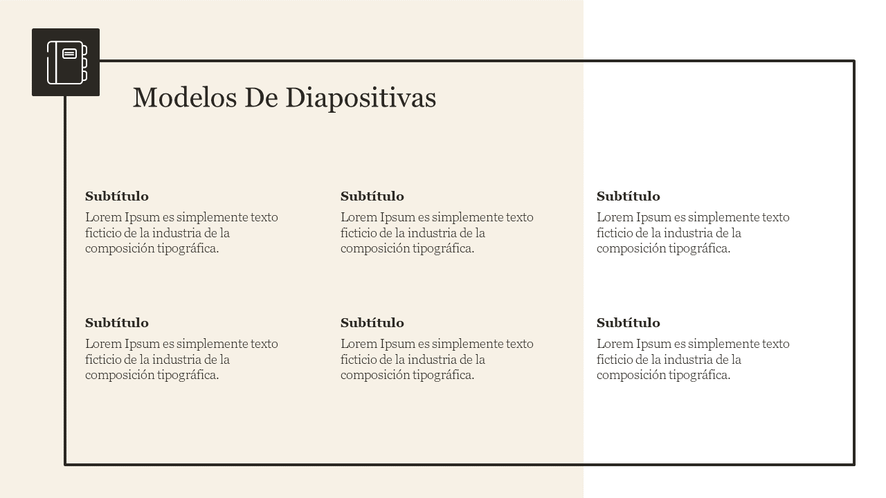 Modelos de diapositivas with six text sections in a black bordered box, and a notebook icon, on a beige and white background.