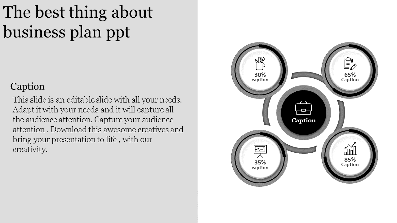 Monochrome business slide featuring circular elements with percentage values and a central briefcase icon.