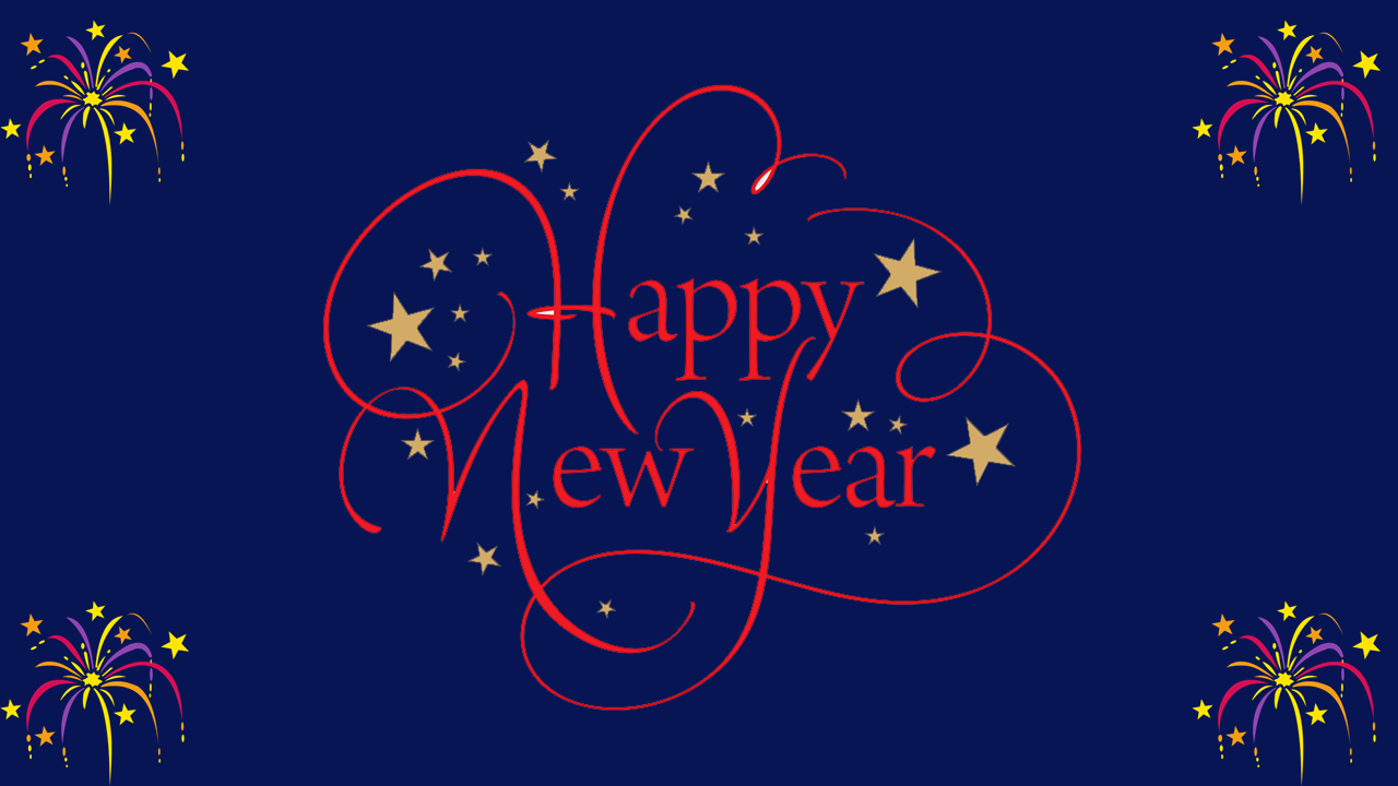 Festive PowerPoint slide with Happy New Year and golden stars, surrounded by colorful fireworks on a blue backdrop.