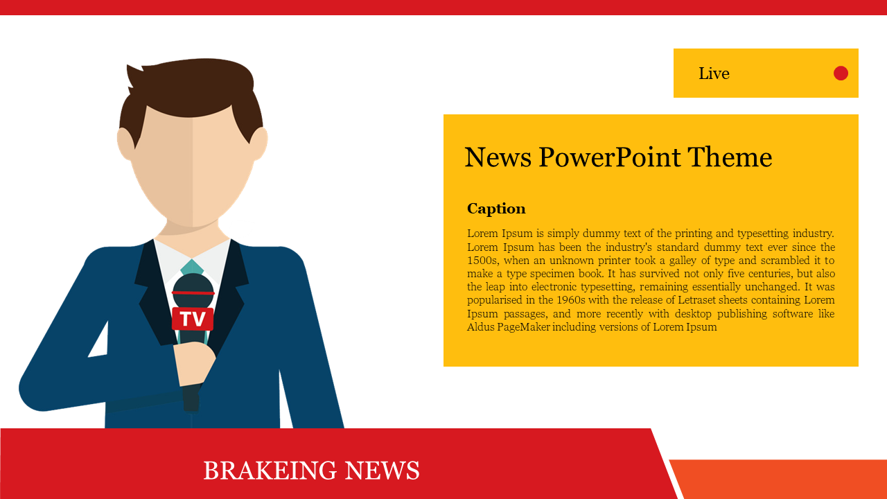 Illustration of a news presenter in a suit with a breaking news banner and text description on a yellow box.