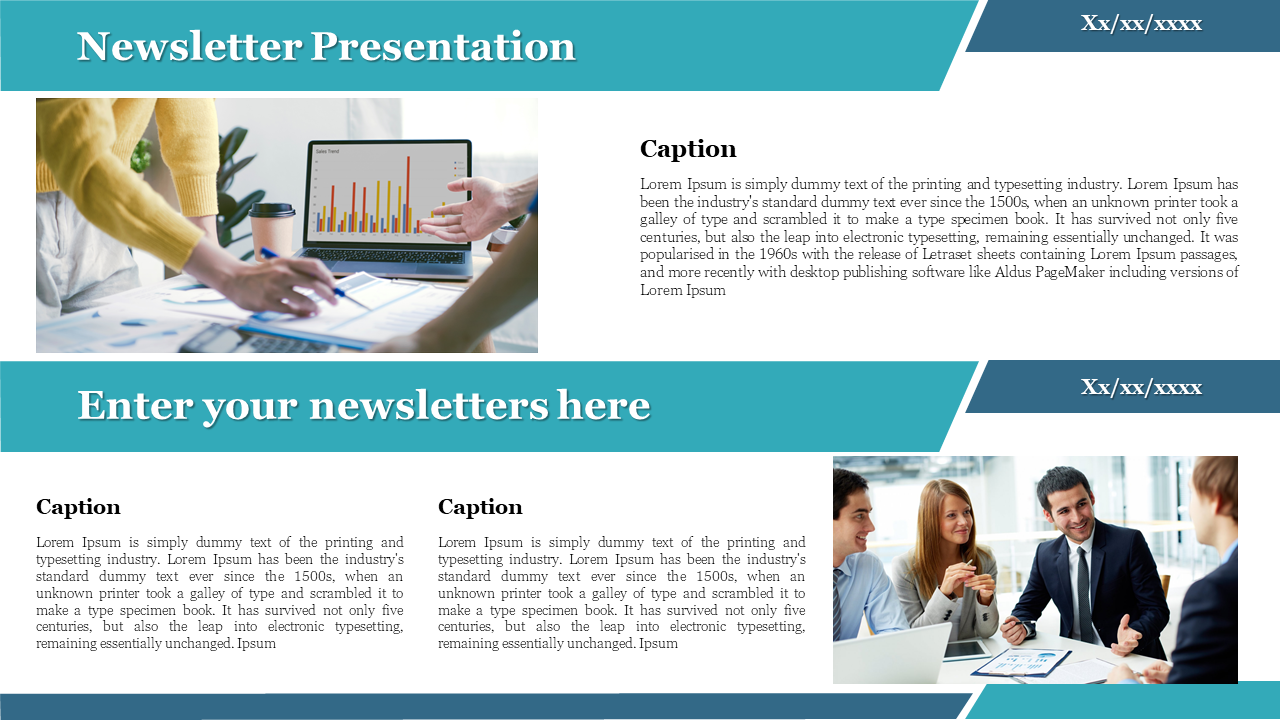 Professional newsletter slide showcasing charts and graphs alongside a team discussing strategies with text caption.