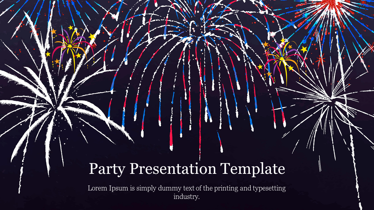 A vibrant party presentation template featuring colorful fireworks against a dark background with placeholder text.