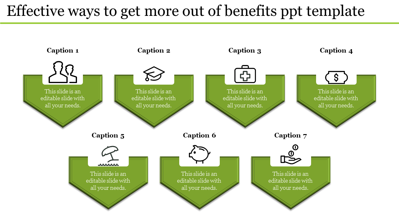 Slide showcasing seven green badges with icons representing various benefits and text captions.