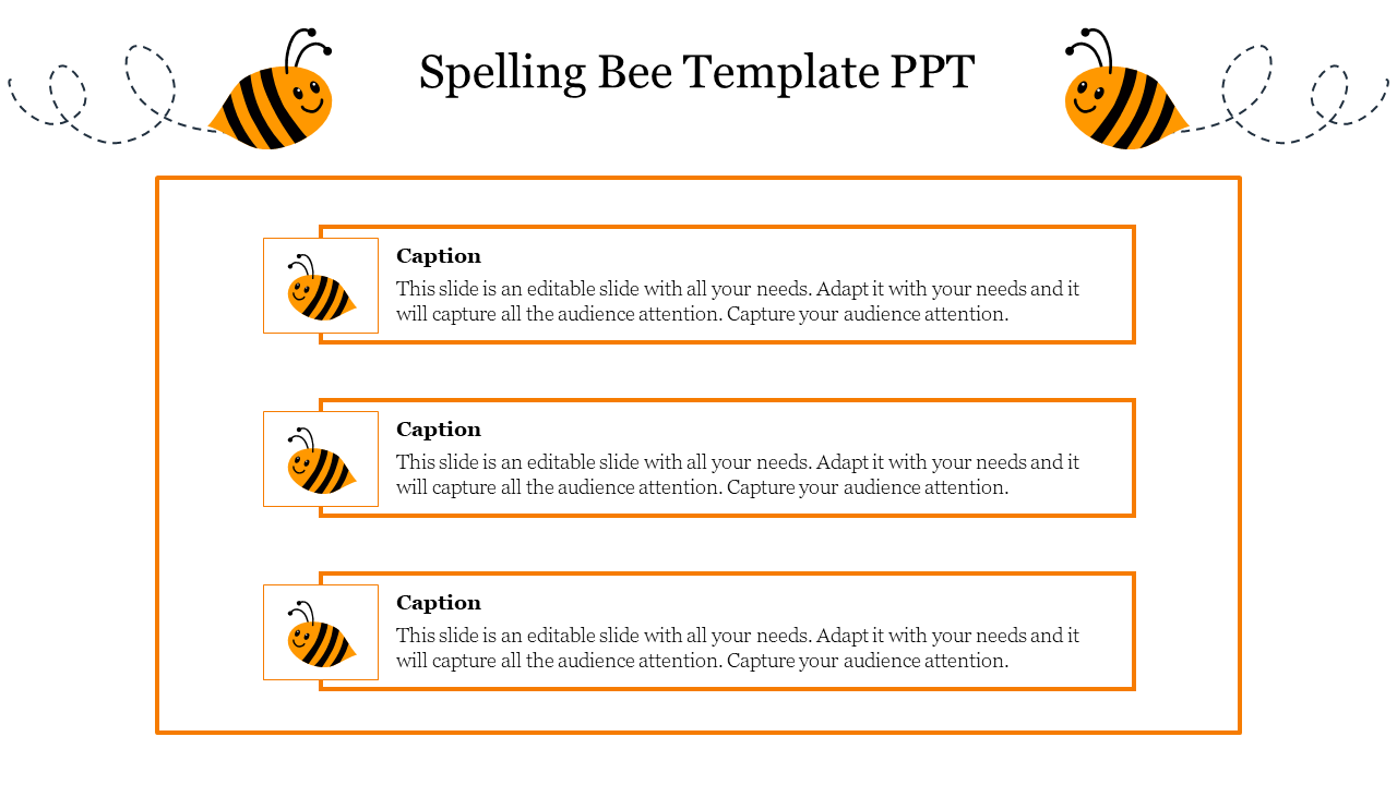 Spelling bee template with three caption boxes in orange and cute bee illustrations in the top corners.