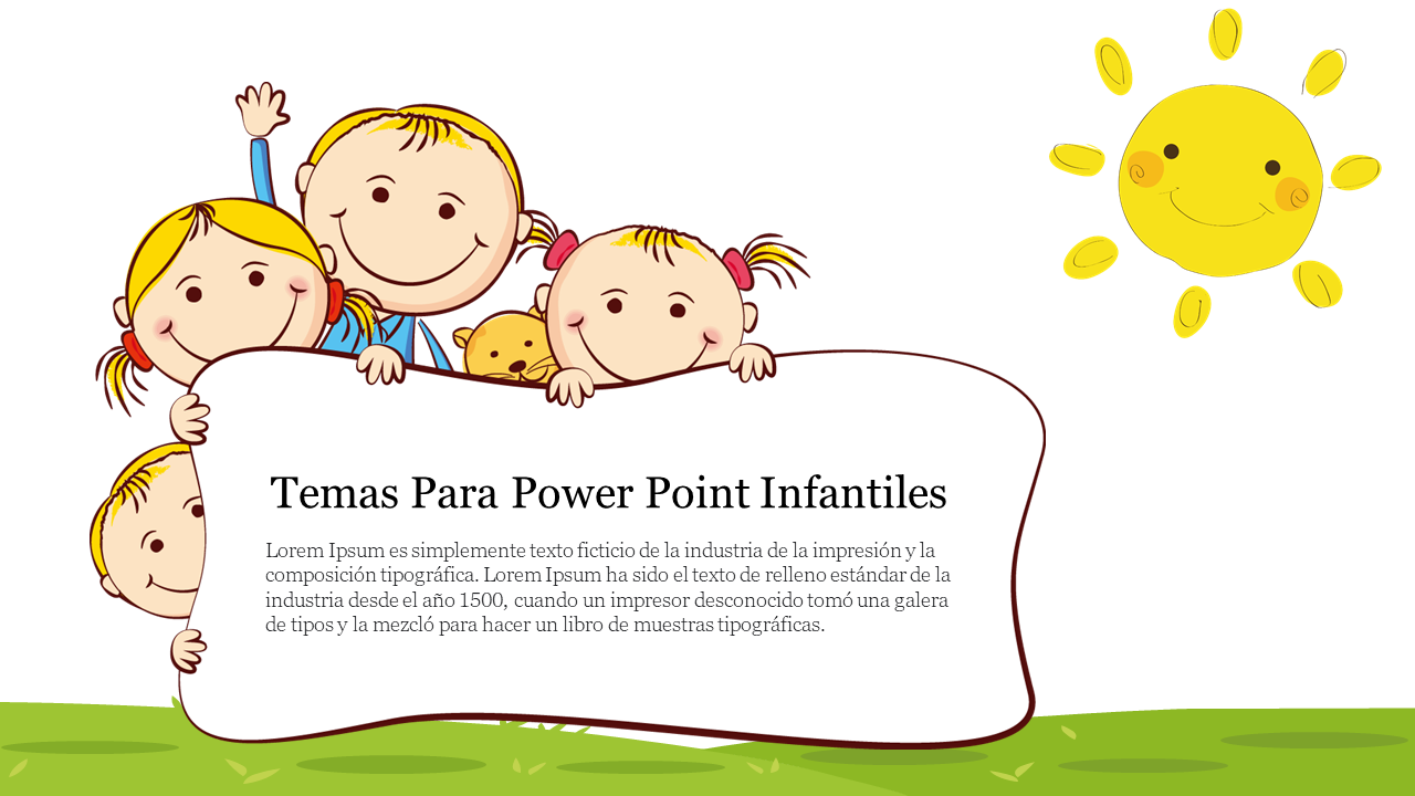 Temas para PowerPoint infantiles featuring kids holding a sign with a text area and a bright sun in the background.