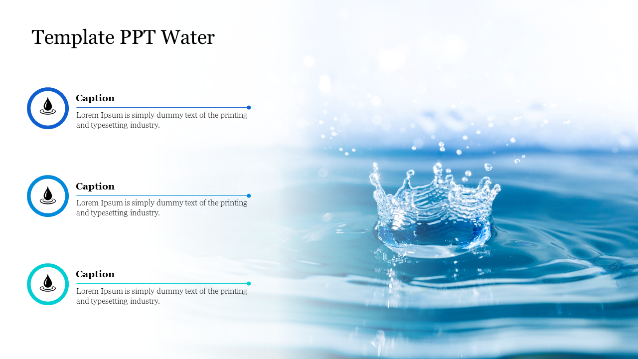 Slide featuring a water splash graphic with text sections and water drop icons on a blue gradient background.