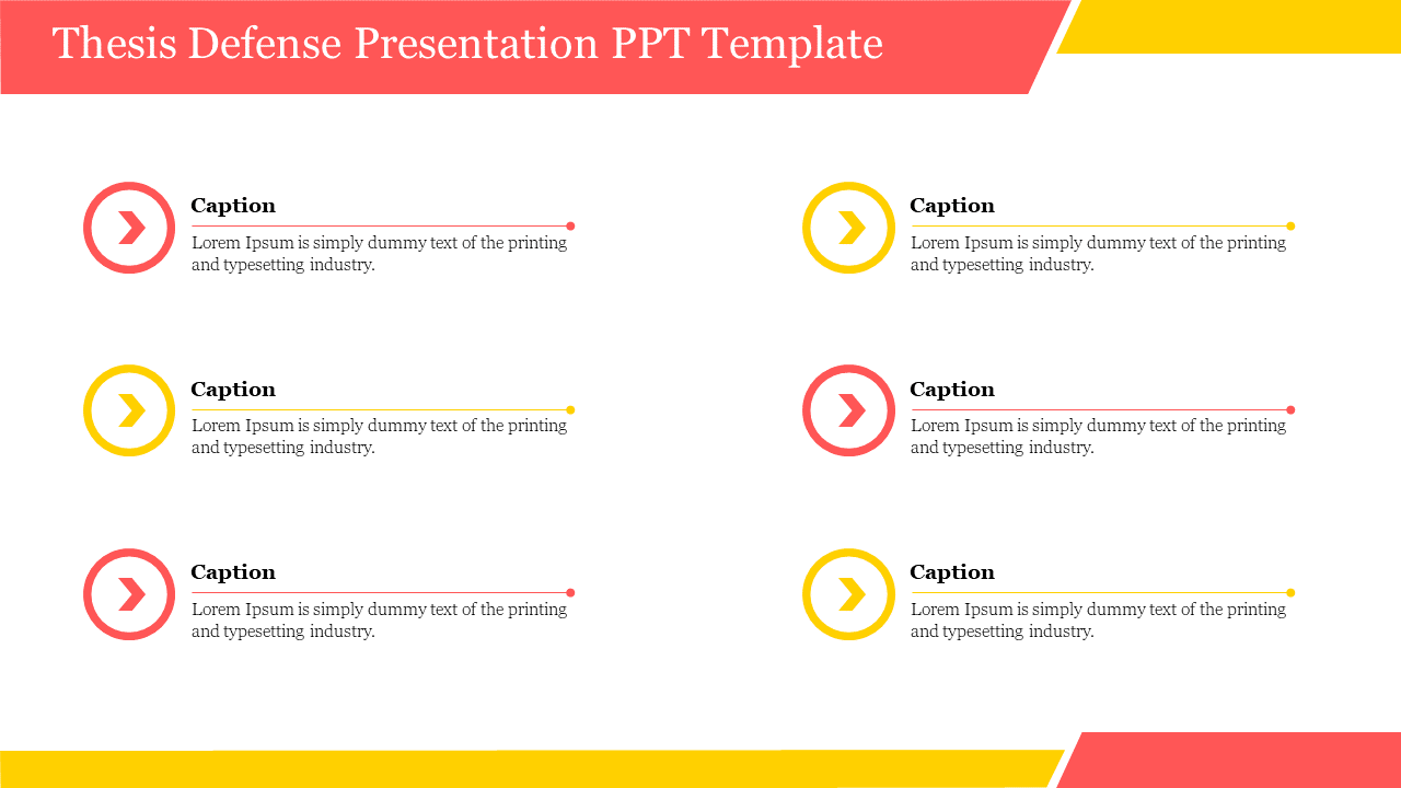 Thesis defense template with six caption sections, each featuring colored arrows and space for text descriptions.