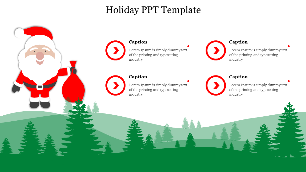 Holiday PowerPoint template featuring Santa Claus with a sack and a green forest background with captions.