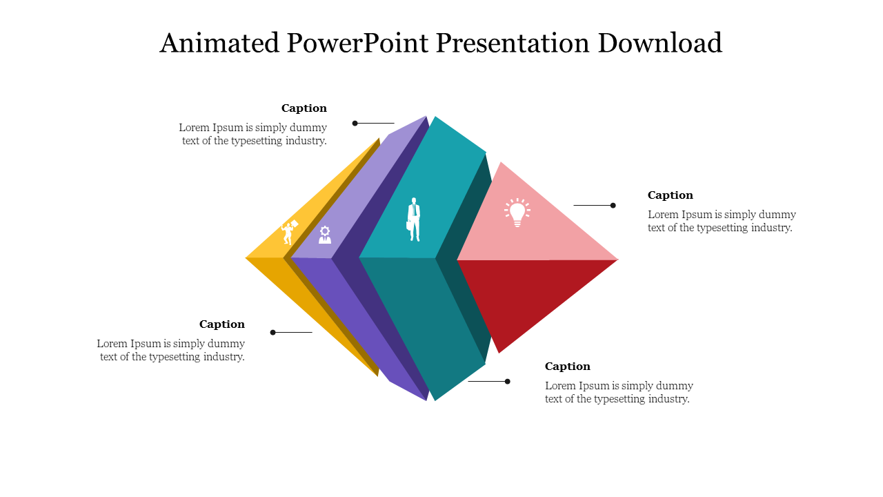 PowerPoint template with a colorful animated diamond graphic, each segment representing a different concept with text.