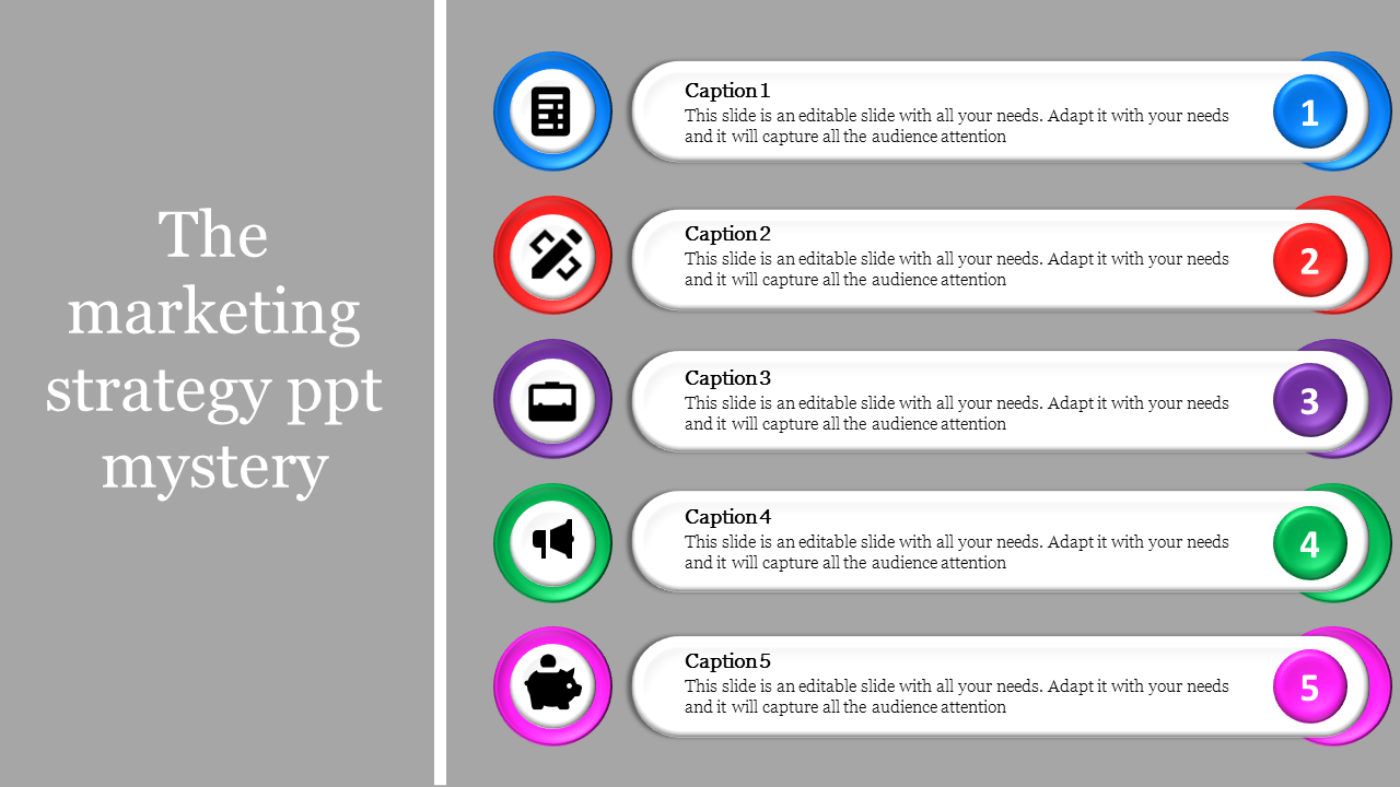 Horizontal marketing strategy template showing five colorful steps numbered 1 to 5, each with icons.