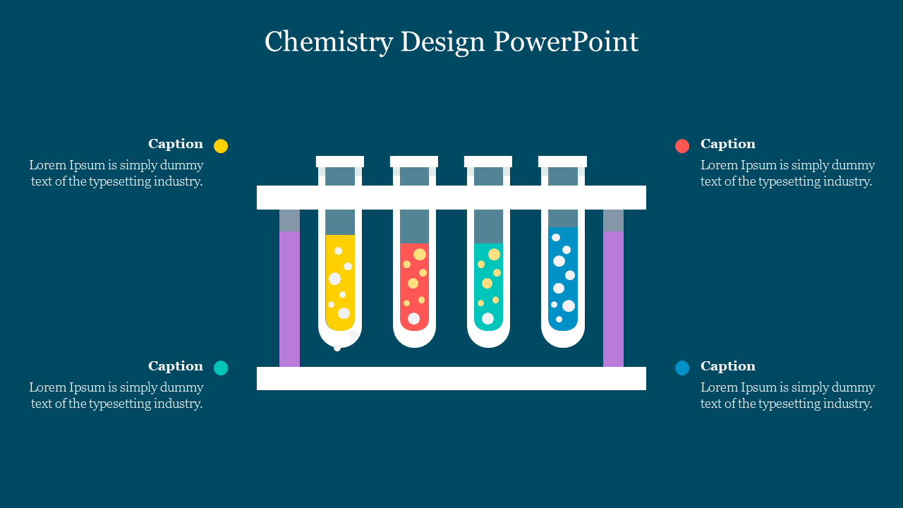 Chemistry PowerPoint slide featuring a test tube rack with different colored liquids and bubbles on a teal backdrop.