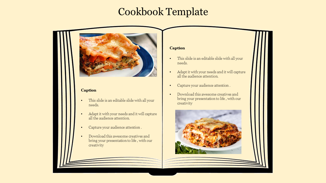 An open book style slide design with images of lasagna and text caption sections.