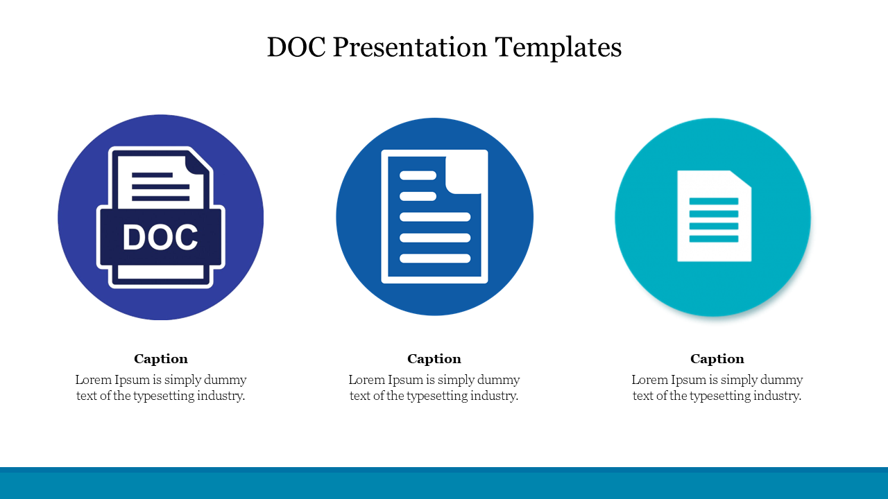 DOC file presentation slide with three different document icons in blue, teal, and purple with captions.