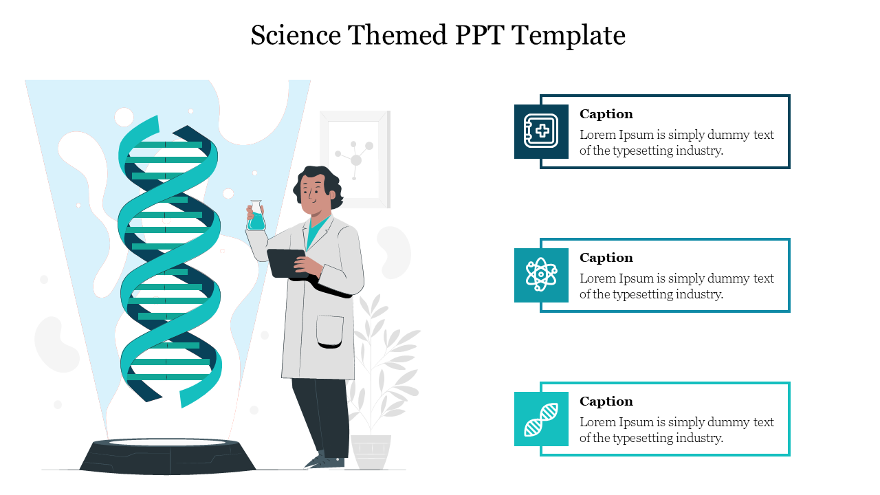 Science themed slide showing a scientist analyzing a DNA strand with three text boxes on the right.