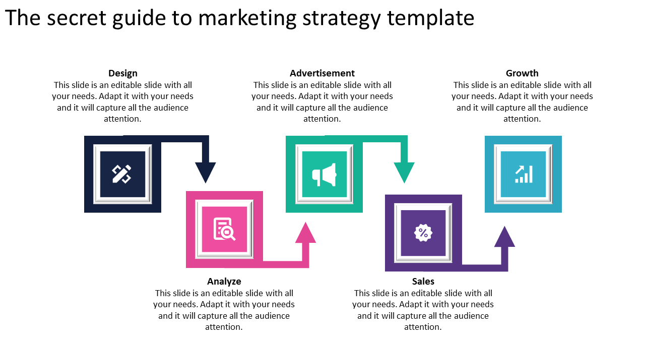 Marketing strategy template featuring icons from design to sales with colorful icons and placeholder text.