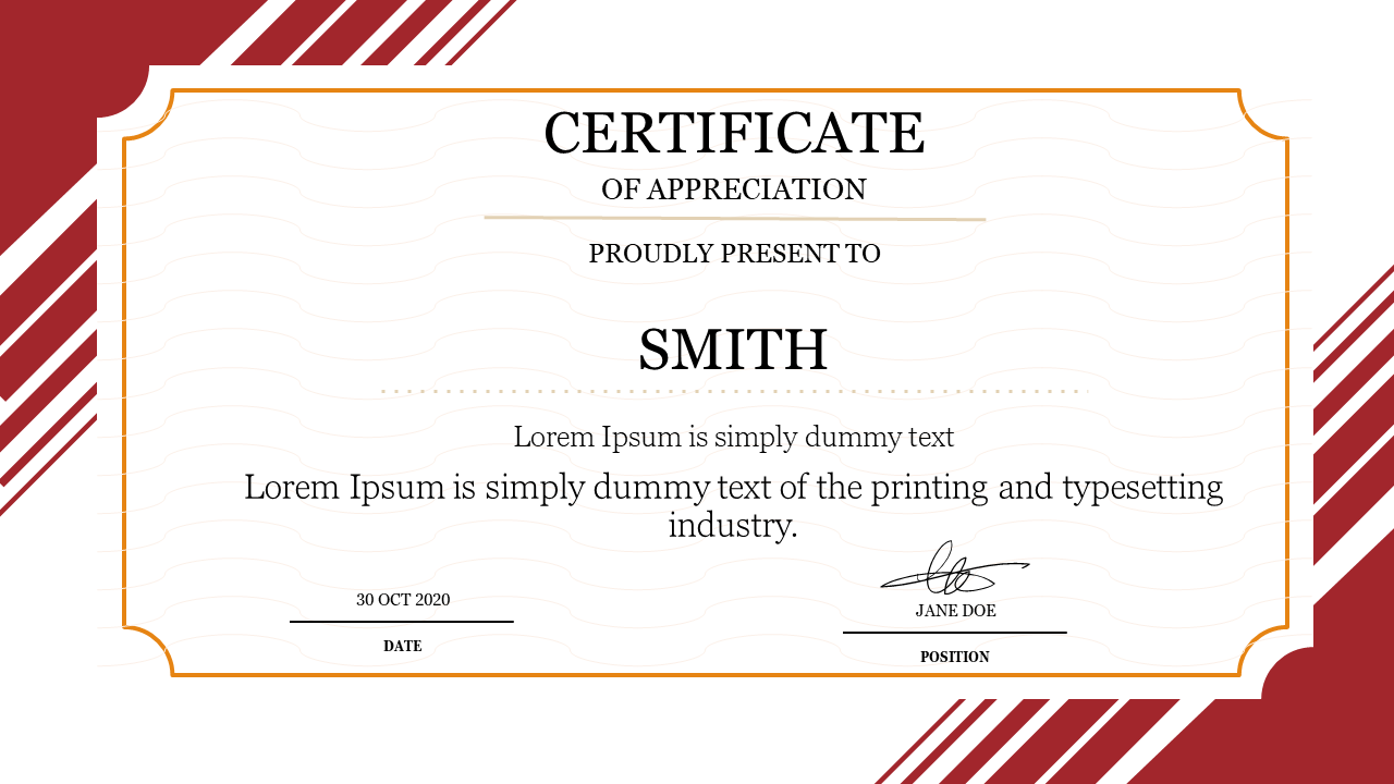 Certificate of appreciation slide with a red and white design, displaying placeholder text personal info sections.