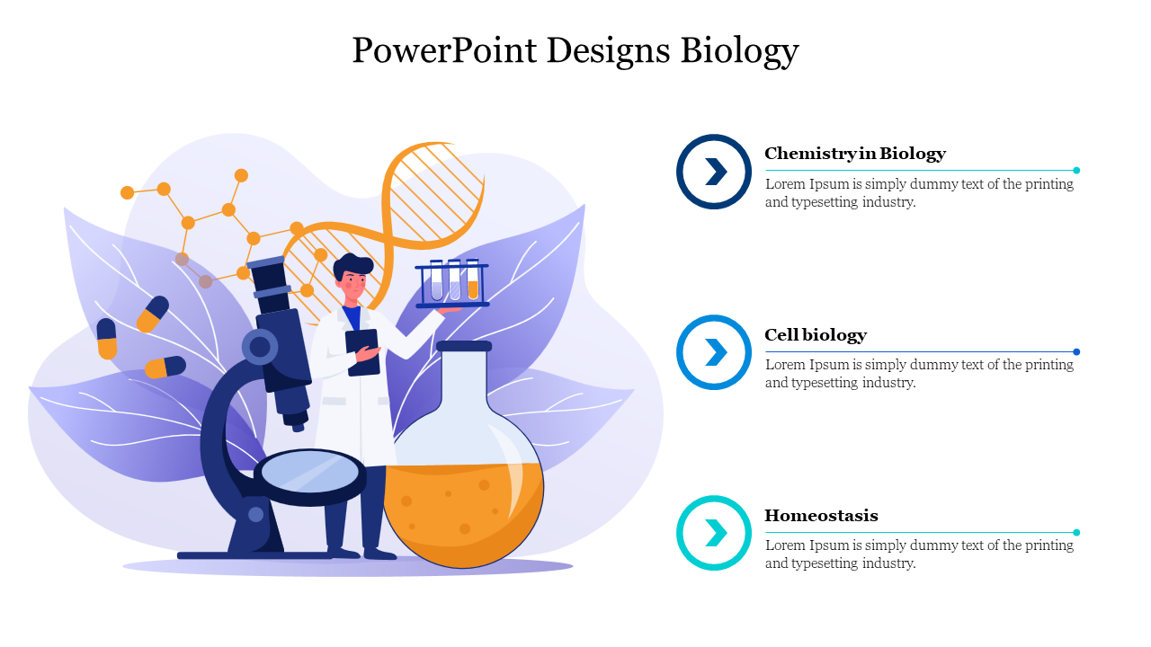 Biology themed slide featuring a scientist with laboratory equipment, including a microscope and test tubes with text.