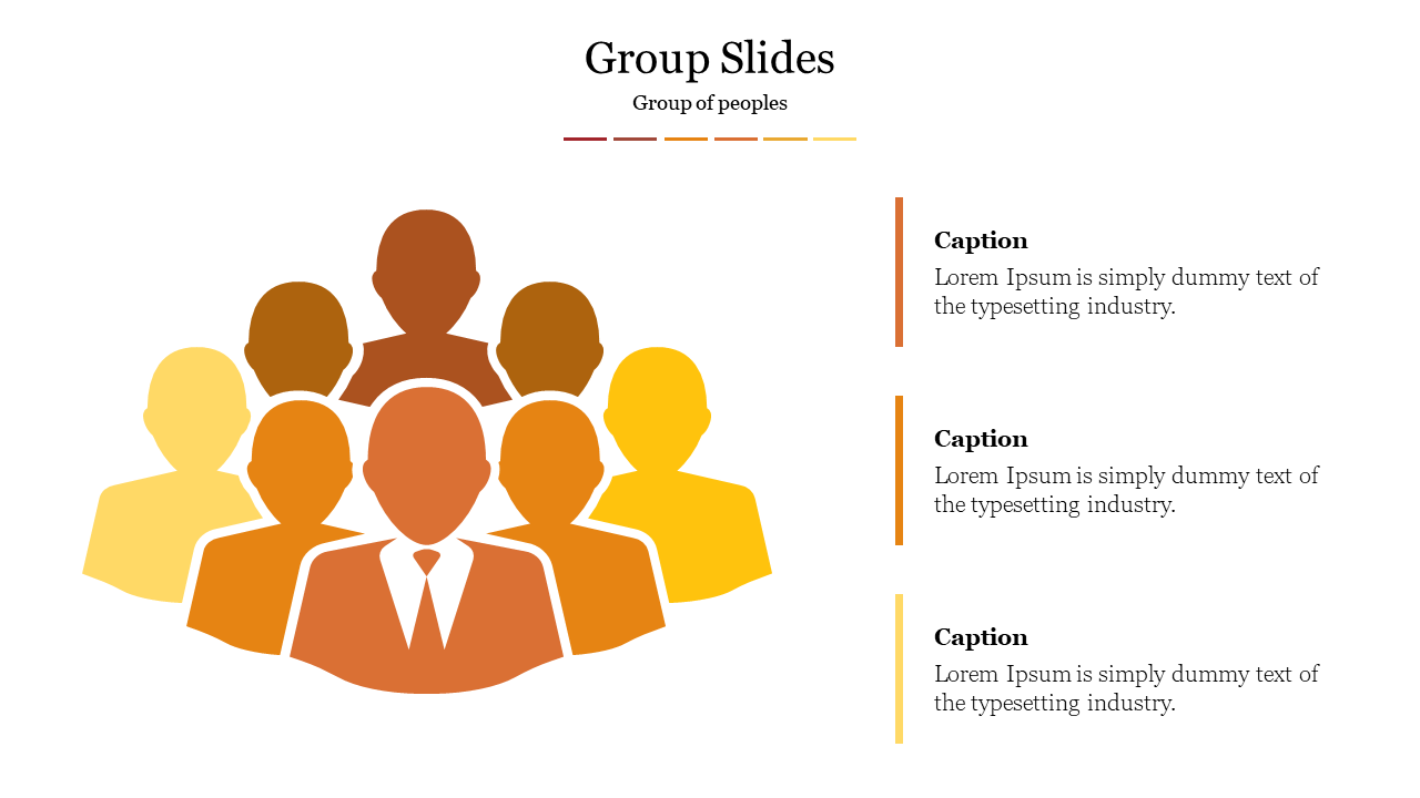 PowerPoint slide design with a group of stylized people icons arranged in a colorful pyramid shape with captions.