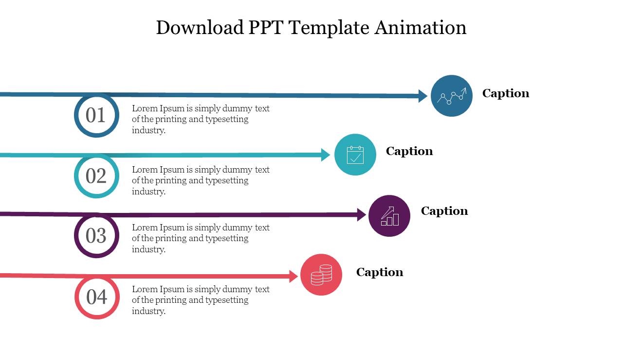 Animation template with four colored arrows, each labeled with numbers and set with an icon and caption area on the right.