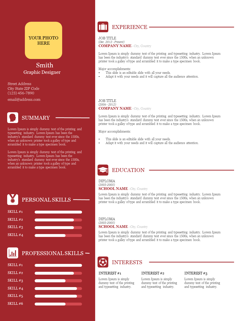 CV template in red and white, with placeholders for photo, summary, skills, experience, and education.