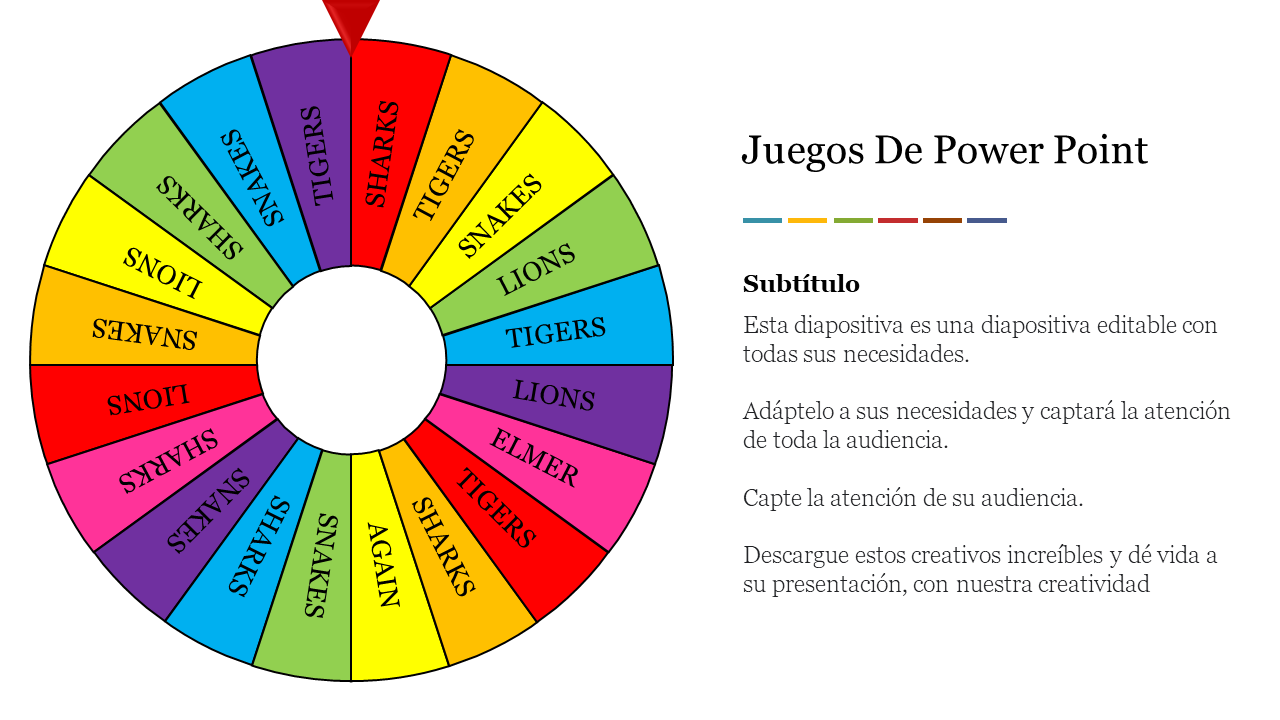 Colorful wheel with various labeled sections for juegos de powerpoint including animals, with a pointer at the top.