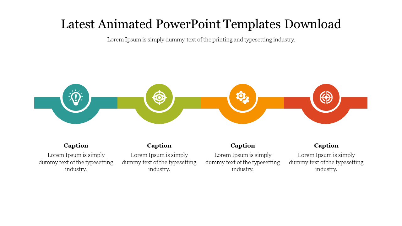 Horizontal animated timeline with four circular icons, each representing different steps, and placeholder text area.