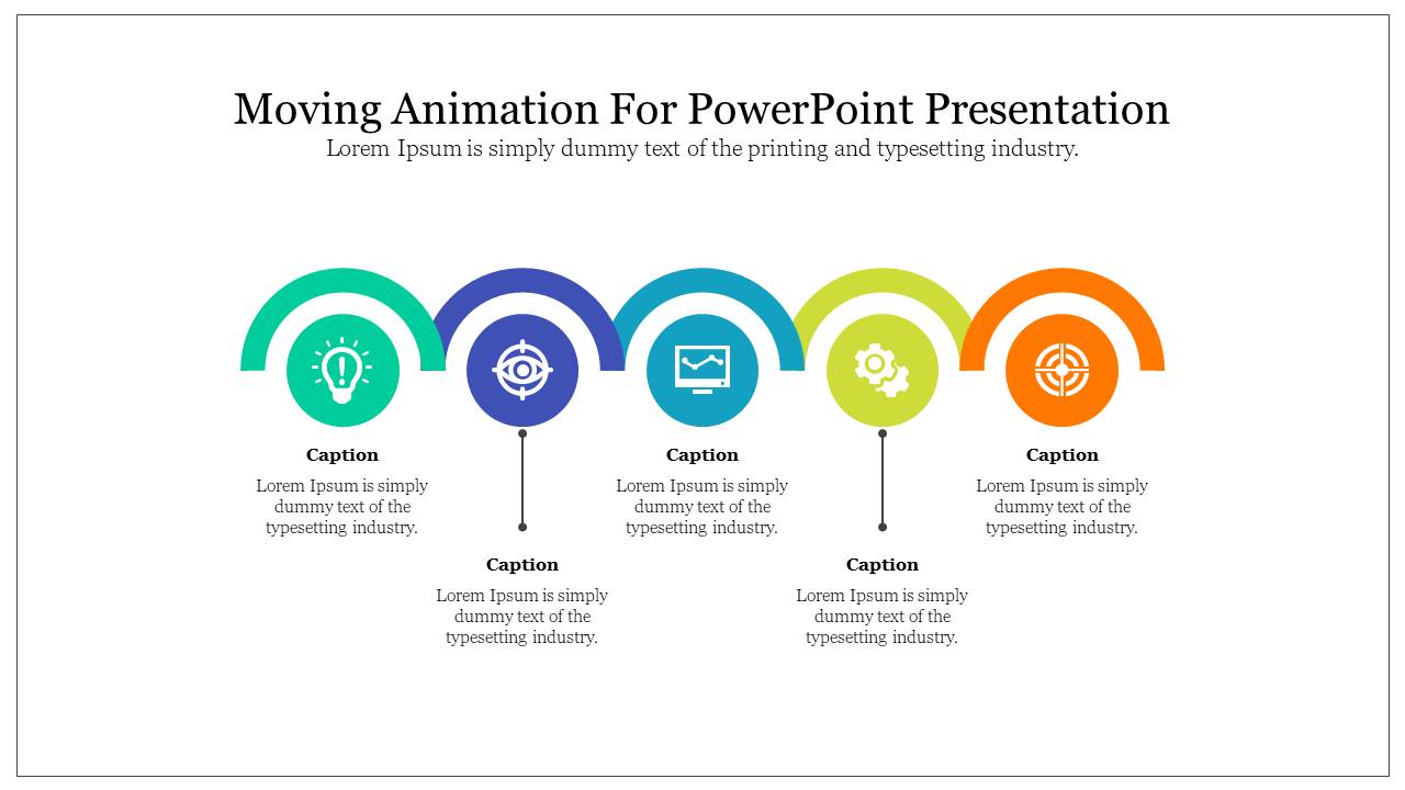 Slide design with moving animation colored icons including five captioned sections with text area.