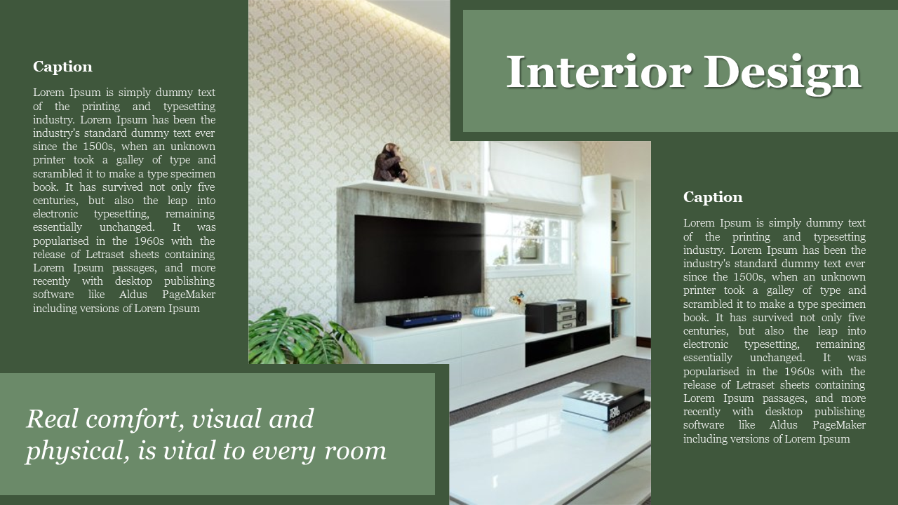 Green themed interior design slide showcasing a modern living room setup with text blocks and a motivational quote.