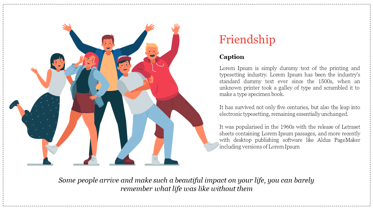 A group of friends celebrating friendship with cheerful expressions, accompanied by text and a heartfelt quote at the bottom.