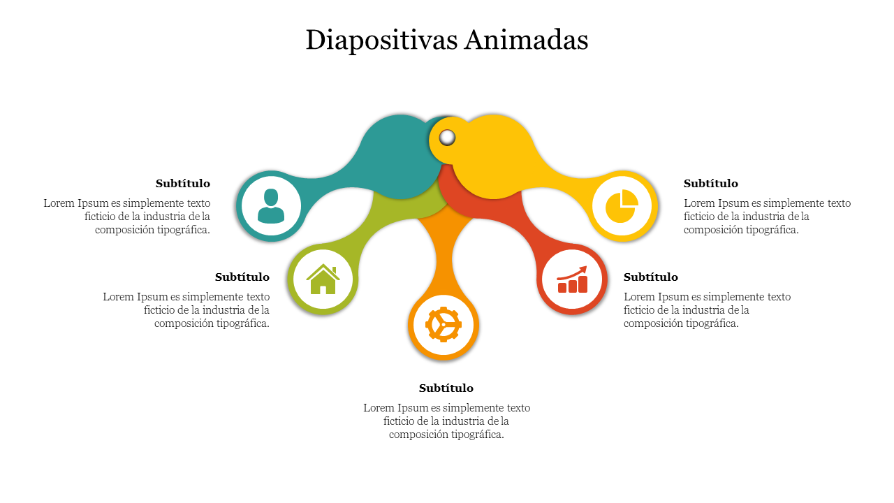 Colorful Diapositivas Animadas with icons representing people, homes, graphs, and settings.