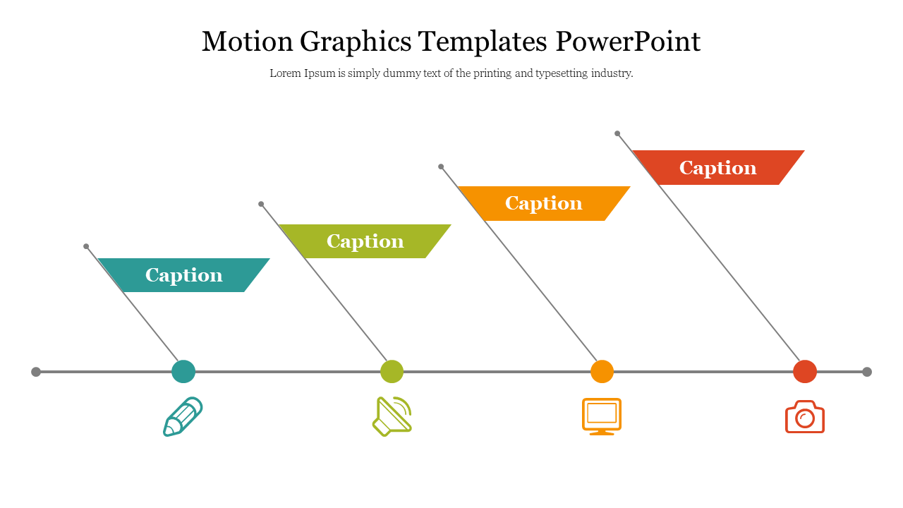 Motion graphics slide with four colored caption boxes in teal, green, yellow, and red, each linked to icons on a horizontal line.