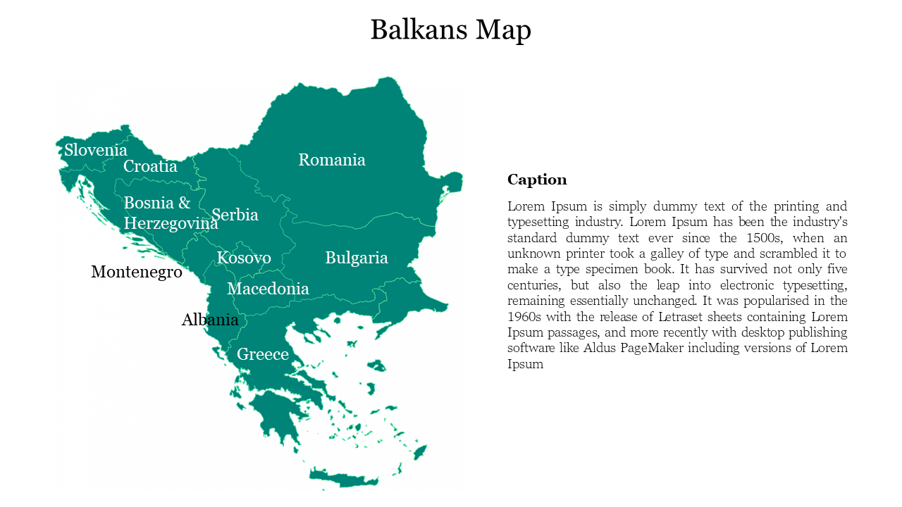 Balkans map in green colour highlighting countries like Slovenia and Greece, with a text box for captions on the right.