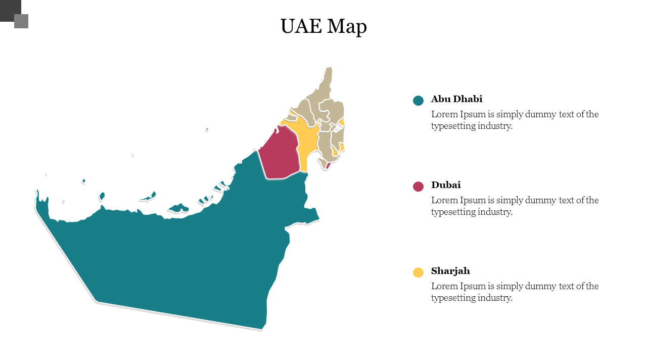 Map of the United Arab Emirates highlighting Abu Dhabi, Dubai, and Sharjah with color coded regions and text descriptions.