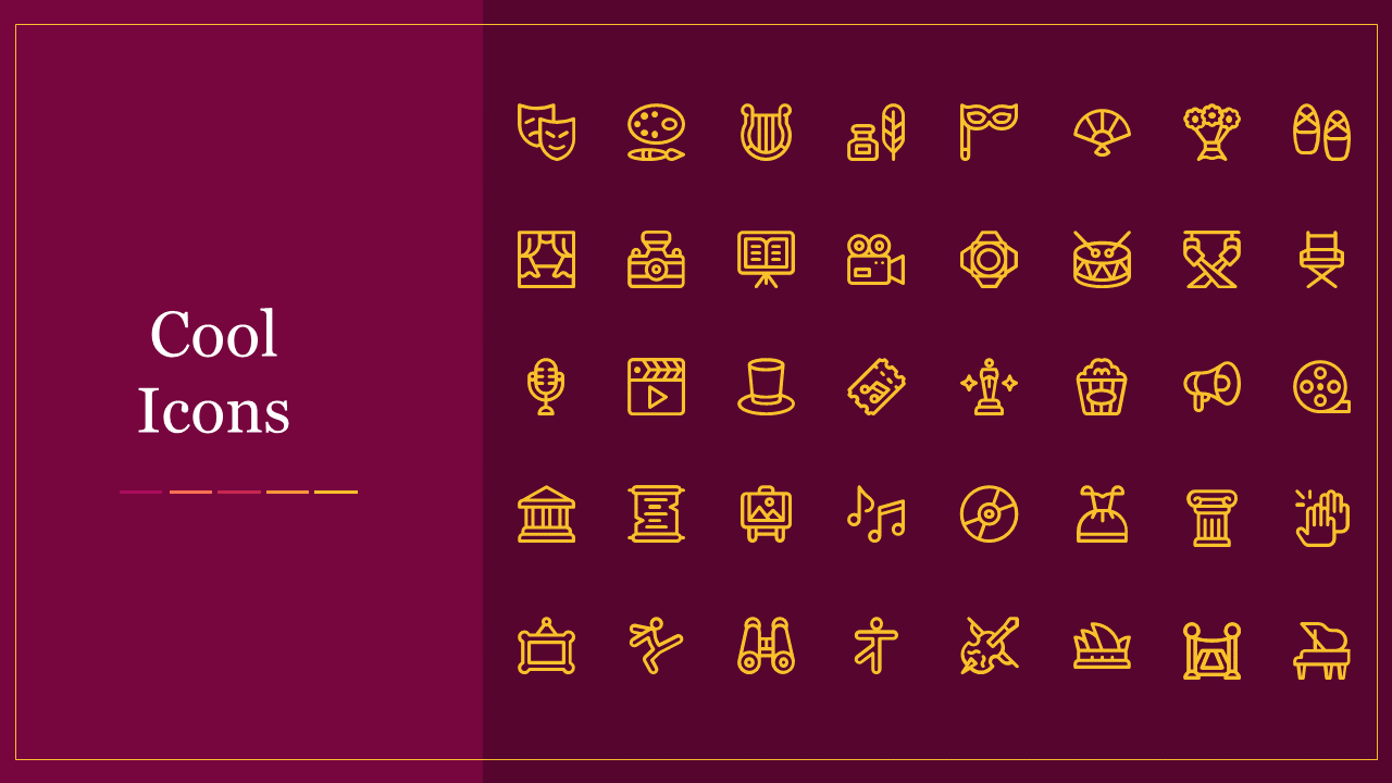 Set of cool icons for PowerPoint slide featuring various creative and artistic symbols on a maroon backdrop.