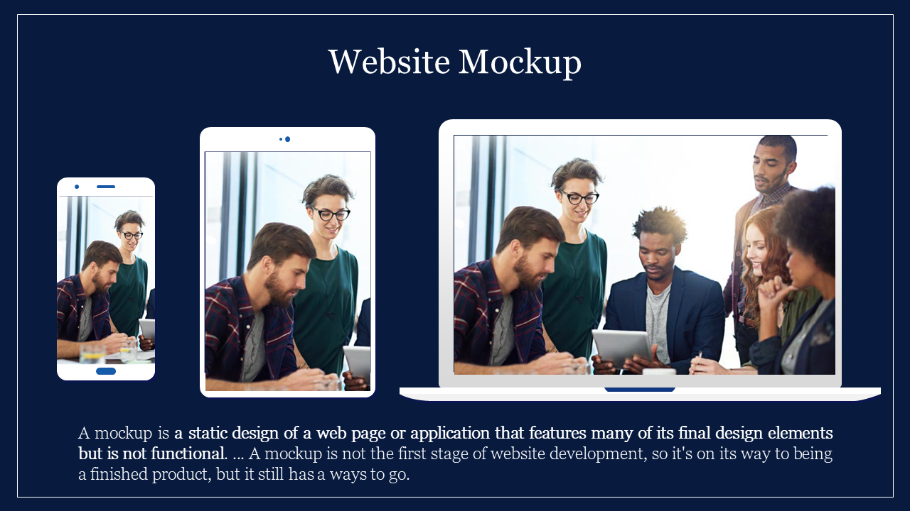 Mockup of a website across a phone, tablet, and laptop, featuring an image of people gathered in a discussion.