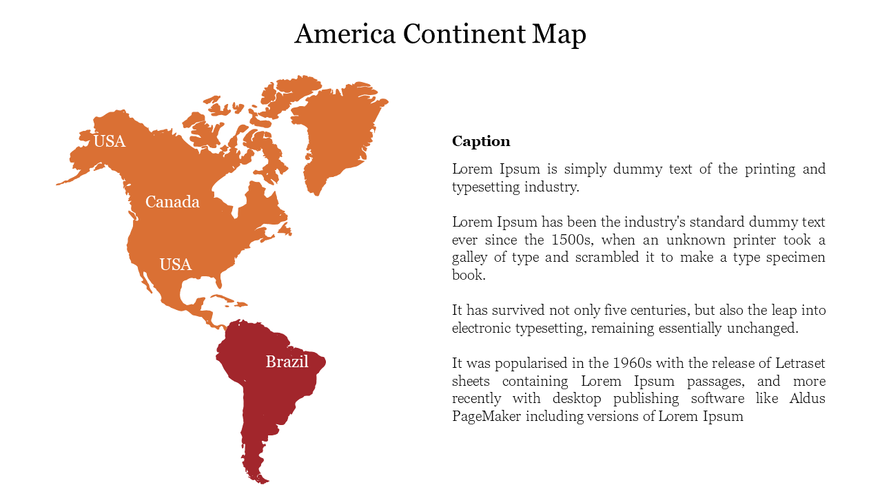 A visually appealing map of the American continents, focusing on the USA, Canada, and Brazil, with each in a distinct color.