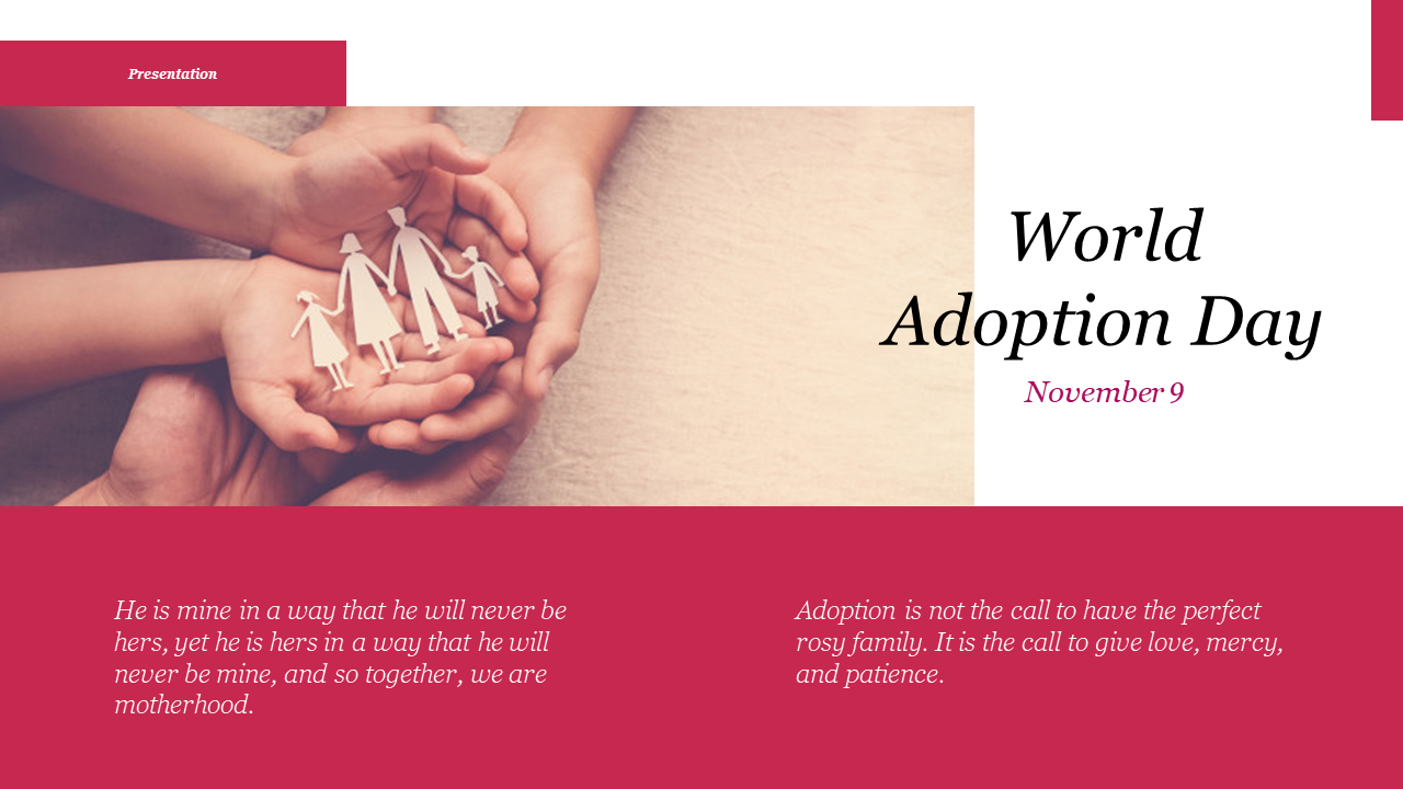 Adoption-themed design with family paper figures in hands, alongside meaningful adoption quotes and event details.